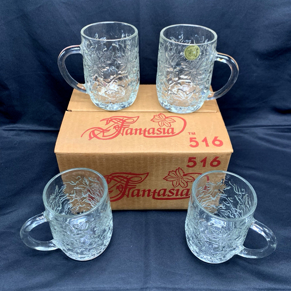 Princess House Fantasia Crystal Mug Coffee Cup Glass Floral Set of 4 Vintage 516